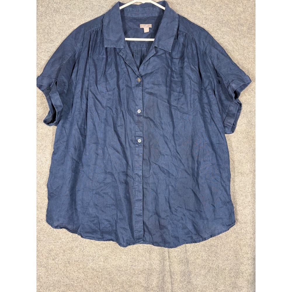 J. Jill Womens 2X Navy Blue 100% Linen Short Sleeve Button Down Shirt 1222056W